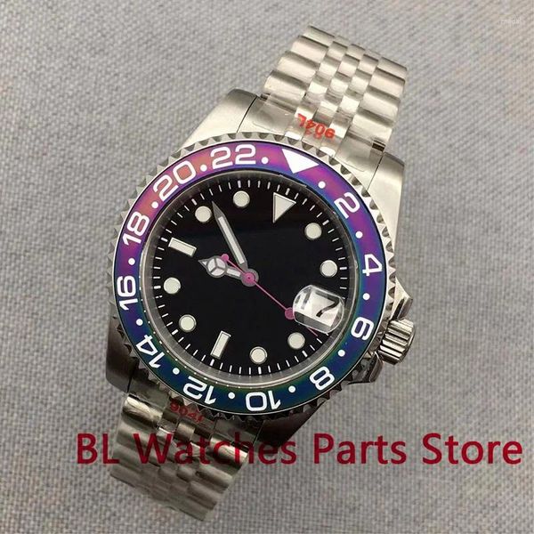 Logotipo de relógios de pulso/sem logotipo 40mm NH35A Automático Black Purple Men Watch Sapphire Glass Screw Crown Luminous Hands Jubileu Bracelet