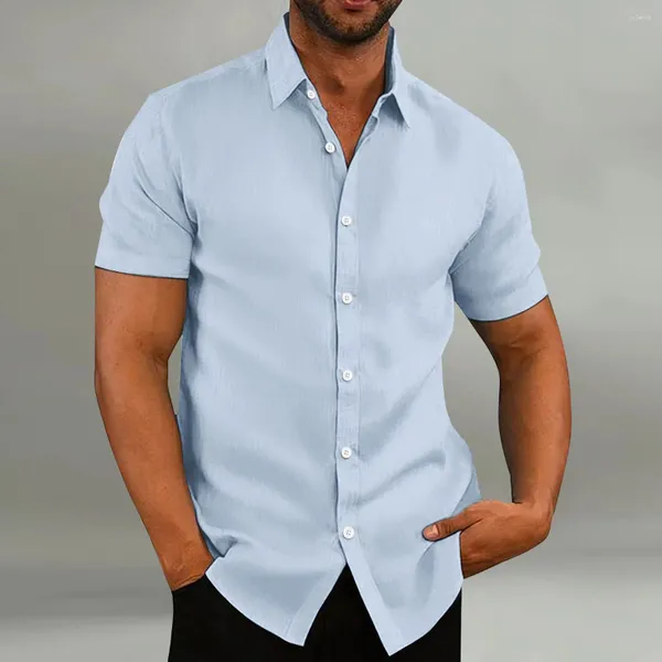 Erkekler Sıradan Gömlekler Düz Renk Pamuk Keten Kısa Kollu Düğme Aşağı Gömlek Dönüşü Down-Down yaka Fit Üstler S-3XL