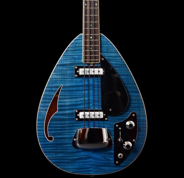 Rare 4 Saiten Transblau Flamme Maple Top Tränen Drop Vox Plantom Elektrik Bass Gitarre halbhöhle Körper Single F Hole Chrom Tailp8071283