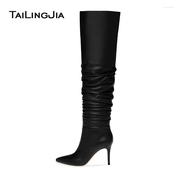 Stiefel schwarze Oberschenkel Frauen über Knie Slouch 2024 Ladies Spoited Toe High Heel Long Tall Stiefelfrau Winterschuhe Großgröße