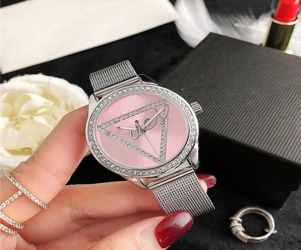 Popular Brand Casual Top Women Girl Crystal Triangle Style Steel Metal Band Quartz Wrist Watch GS391334901