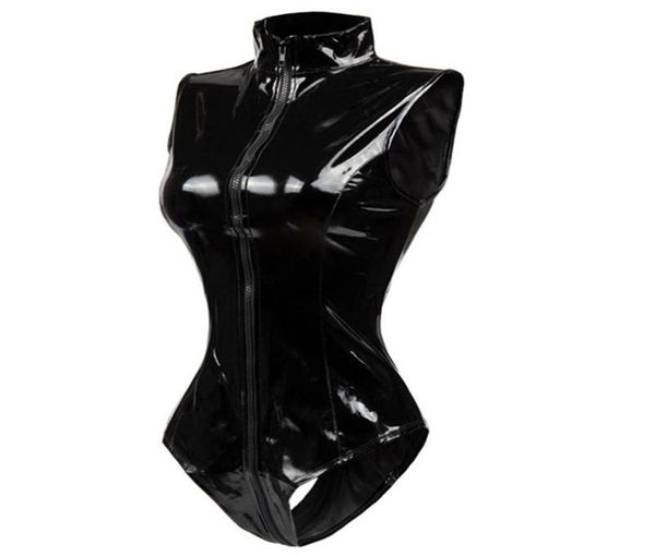 Schwarzer krotikreißverfertigter ärmellose sexy spandex bodysuit latex latex catsuit pvc overall women Short pu bodysuit clubwear8369232