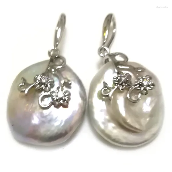 Dangle Ohrringe 20-25 mm natürlicher weißer weißer Lustre Barockmünzen Pearl 925 Sterling Silber Haken mit Zirkonia