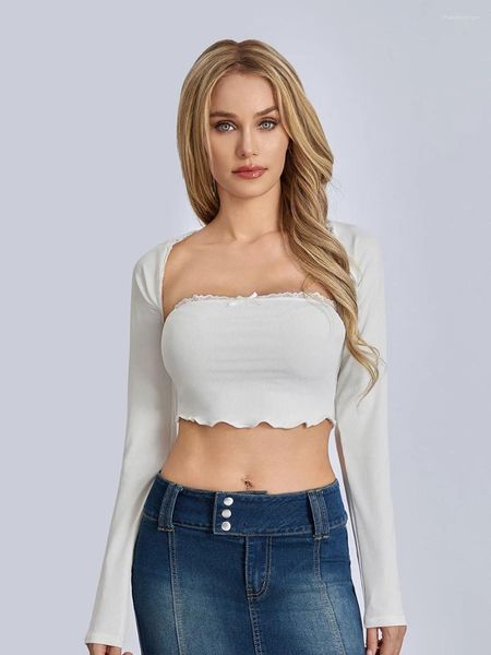 Damen T -Shirts Nvzhuang Frauen Spitzenverkleidung Crop Tops trägerloser Feste Farbrohr und Langarm Bolero Achselzucken Herbst Herbstkleidung