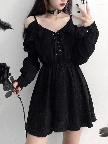 Lässige Kleider JMPRS Großgröße Gothic Women Schwarz Mini Kleid sexy Off Schulter hohe Tunika -Damen Party Langarm V Hals Vestidos