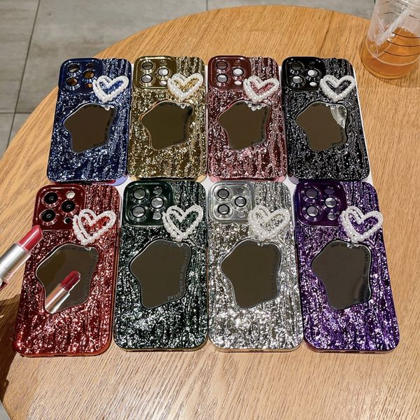 Lüks ayna boncukları kalp aşk vakaları iPhone 15 artı 14 Pro Max 13 12 11 Kaplama Bling Yumuşak TPU Mermer Kaya Taşı Tahıl Krom Metalik Kamera lens Koruyucu Kapaklar