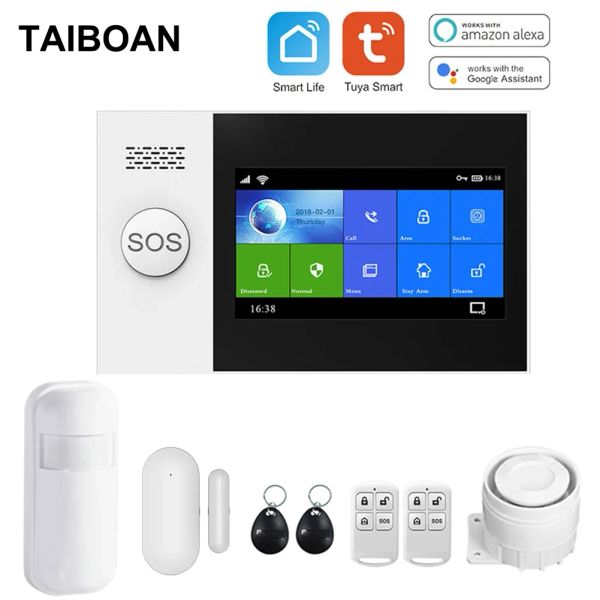 Kits Taiboan Tuya WiFi GSM Alarmsystem PG107 Alarm Host Smart Wireless Home Burnglar Alarm System Set PIR Door Sensor Security Kits