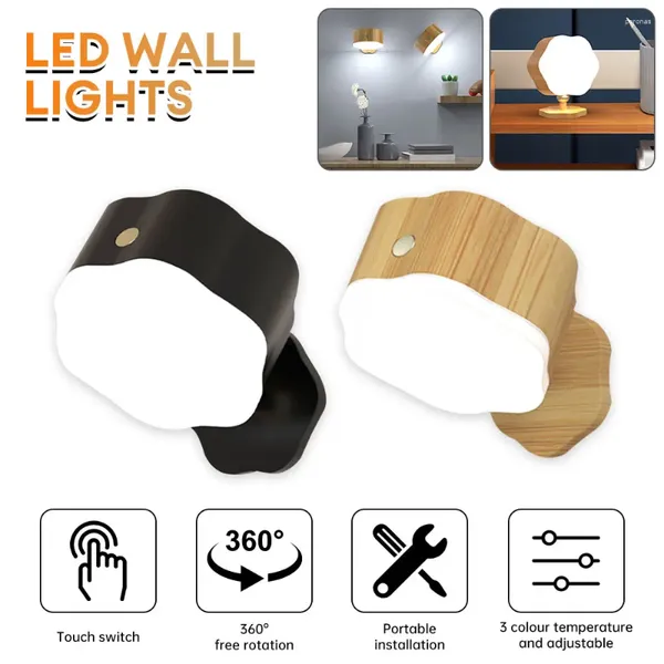 Arandela de lâmpada de parede LED Protecção de olho de toque leve 3 temperatura de cor Recarga USB rotativa 360 Rotatável 360