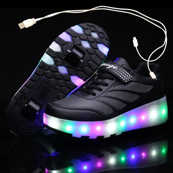 Sneakers USB Lading schwarze zwei Räder leuchtende Turnschuhe LED LEG ROLER SKATE SCHUHE FÜR KINDER KINDER LED SHOUS Jungen Mädchen Schuhe 2843