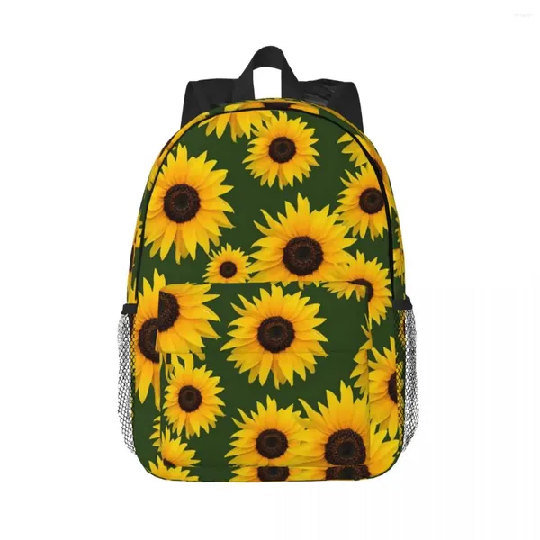 Mochila Girassóis amarelos brilhantes florescem o padrão no fundo verde.Mochilas Boy Girl Bookbag School Bags Laptop Rucksack Bag