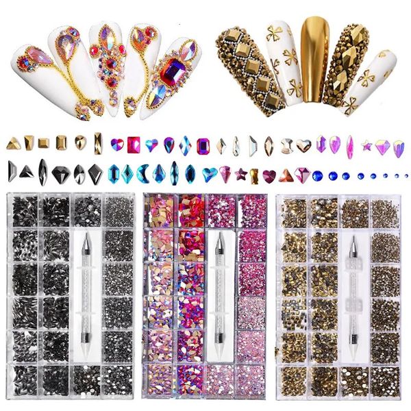 Gemischtes AB -Glas -Kristall Diamant Flat Strsestone Nail Art Dekoration 21 Gitterbox -Nägelzubehör mit 1 Pick -up Pen 240401