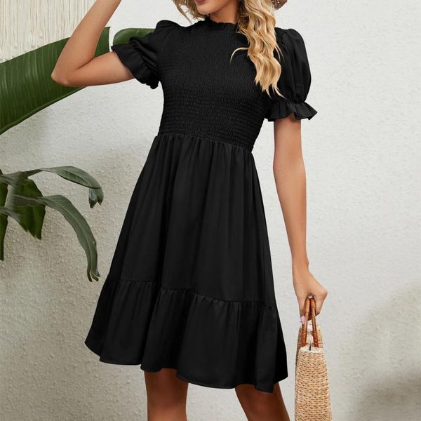 Vestidos casuais bufed com manga curta bainha bainha a linha swing vestido de verão mulheres mulheres elegantes festas plissadas de praia vintage slim fit high way