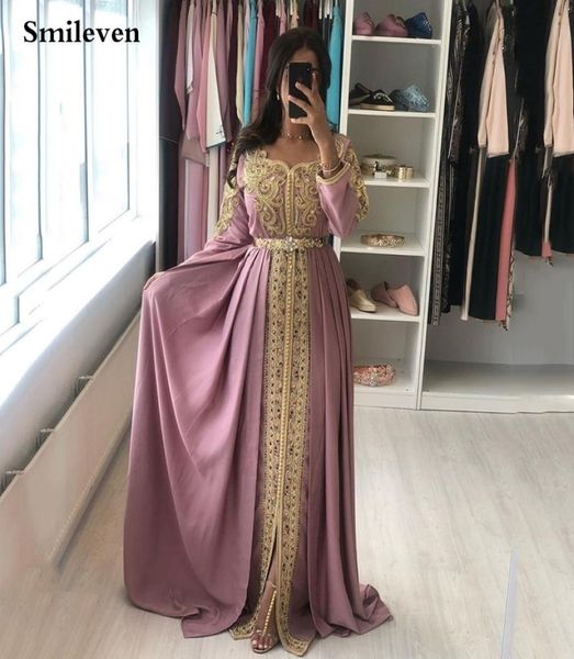 Smileven Pink Marokkaner Kaftan Formal Abendkleider Gold Spitzen Applikationen Arabisch -Muslim -Kleider Kleider Custom Made LJ20119922704