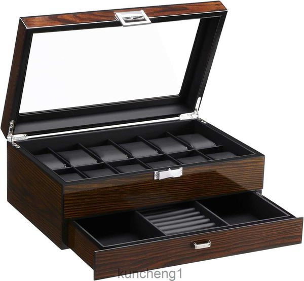 Beome 12 Watch Box с ящиком камердинера Luxury Watch Organizer для мужских аксессуаров с настоящим стеклянным петлей TopMetal Brown SSH02Y