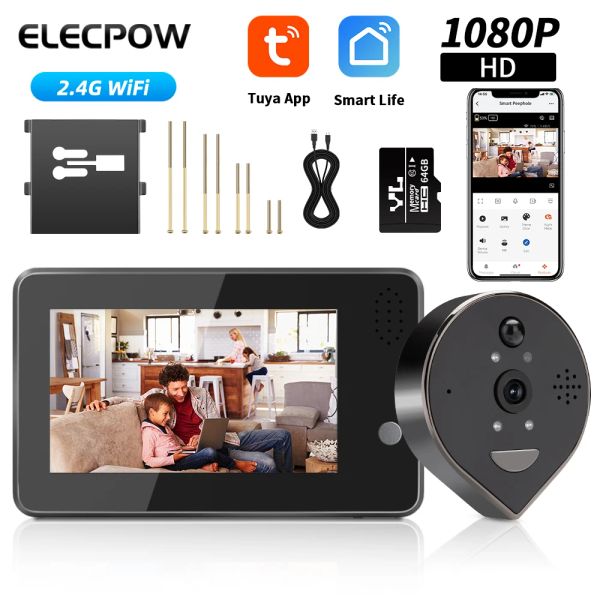 Дверные звонки Elecpow 4,3 дюйма Tuya 1080p Wi -Fi Smart Home Peephole Door Door Camer