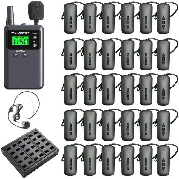 Microfoni Sistema di guida per il tour wireless Whisper Interpretazione 1 Trasmettitore con 2 microfoni, 30 ricevitori, 1 caricabatterie
