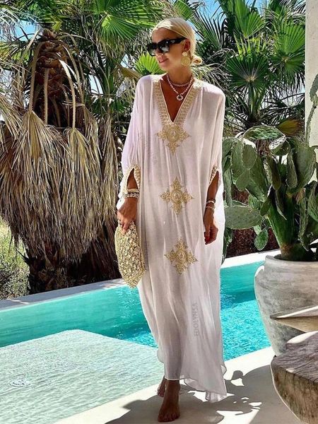 Elegante oro ricamato in oro Kaftan Retro Retro V-Neck White Dress Women Women Summer Beachwear Swimsuit Copertura Q1373