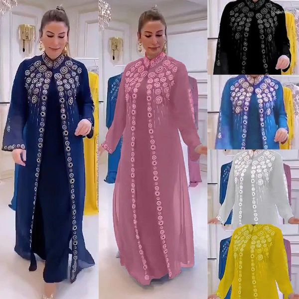 Vestido étnico vestido de duas peças vestidos africanos para mulheres 2024 Tradicional Nigéria Chiffon Diamonds Caftan abaya Robe muçulmano Dashiki