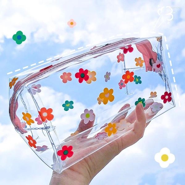 Aufbewahrungsboxen klarer Make -up -Taschen Mode transparente Reisen tragbare Mini -Waschbeutel Erdbeerblumendruck Frauen Reißverschluss Kosmetik Kosmetik