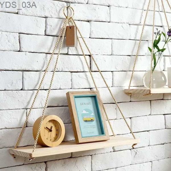 Andere Wohnkultur Holz Seil Swand Wand Hanging Plant Flower Pot Tably Installation Floating Frame Nordic Home Dekoration einfacheres Design YQ240408