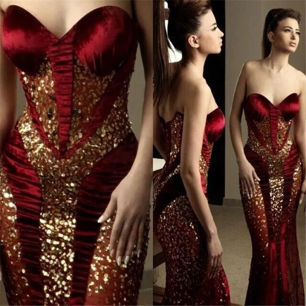 Kleider Rami Salamoun Abendkleider rot Schatz Gold Pailletten Langes Kleid Rückenless Meerjungfrau bodenlange Prom Party Kleid