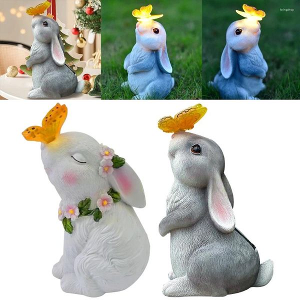 Decorações de jardim decorativas solares de coelhos à prova d'água esculturas de coelhos de resina de resina para decoração ao ar livre