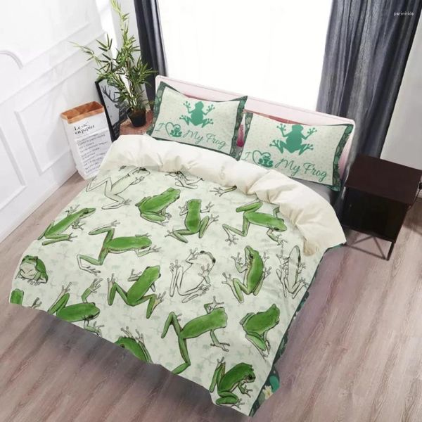 Bettwäsche -Sets Kinder süßes Set für Schlafzimmer Frosch Muster Betspräse Doppelbett Home Come Pastable Duvet Cover Quilt und Kissenbezug