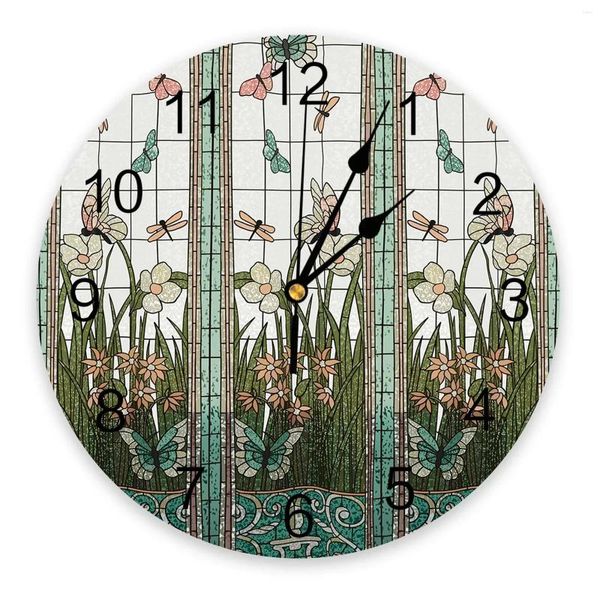 Relógios de parede manchados de vidro de vidro borboleta planta planta de garotas grandes quarto silencioso relógio decoração de escritório 10 polegadas Presente pendurado