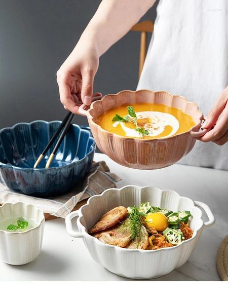 Ciotole per zuppe nordiche ciotola casa a forma di fiore ceramica stoviglie grandi a doppia maniglia insalata di frutta petalo forno a microonde noodle