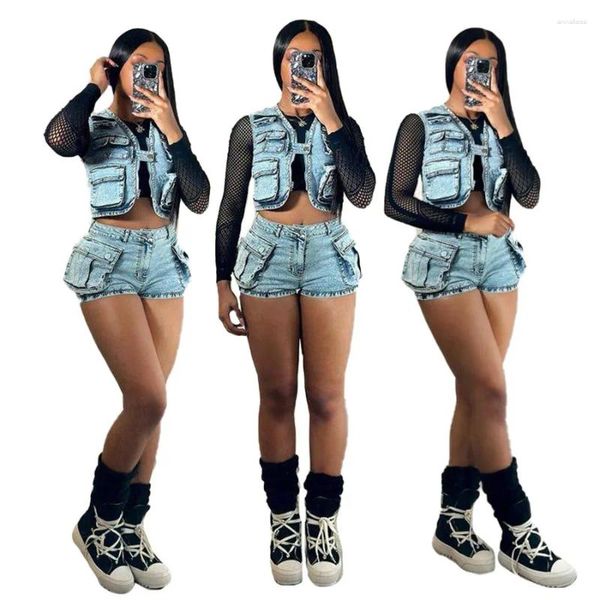 Jeans femininos de duas peças conjunto de jeans com zíper com calças de vestuário sem mangas e shorts de traje casual de rua