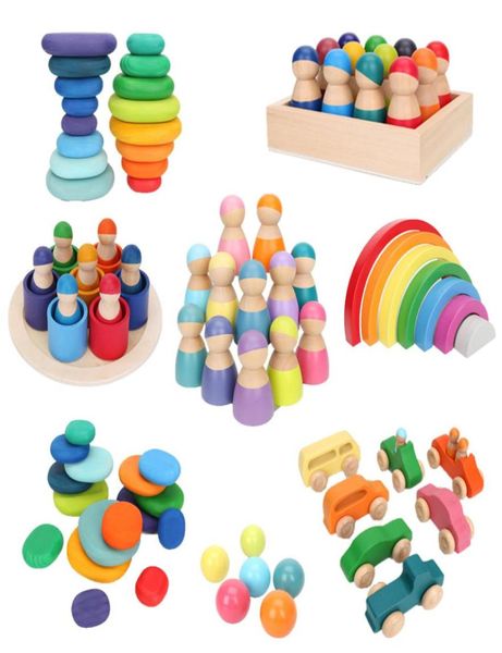 Деревянный радужный блок деревянный укладчик игрушки игрушки Grimms Rainbow Building Blocks Balls Montessori Eductaional Toy Kids Rainbow Stacker Woode6219620