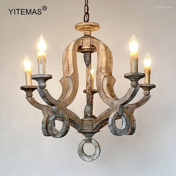 Candeliers 5 luzes de lustre de madeira vintage Bedroom Lighting Kitchen Sala de estar retro da fazenda francesa Staircase