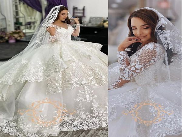 2021 Árabe lindo vestido de bola vestido de noiva princesa com mangas compridas v pescoço de trança de trança capela vestido de noiva vestidos 4141721