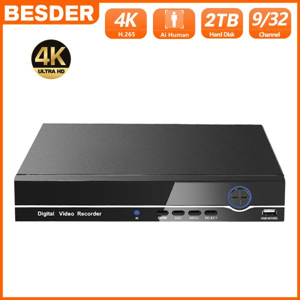 Gravador Besder 32CH 4K Saída NVR H.265 16CH 9CH 5MP HD Protection Video Recorder Xmeye ICSEE P2P ONVIF CCTV DVR Detecção de face