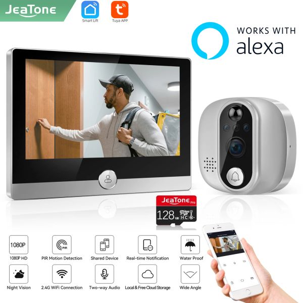 Дверные звонки Jeatone Alexa Tuya Smart Wi -Fi Video Peephole с 1080p/158 ° камеры дверного звонка для 4,3 ”ЖК -экрана 24H PIR Движение обнаружение глаз глаз