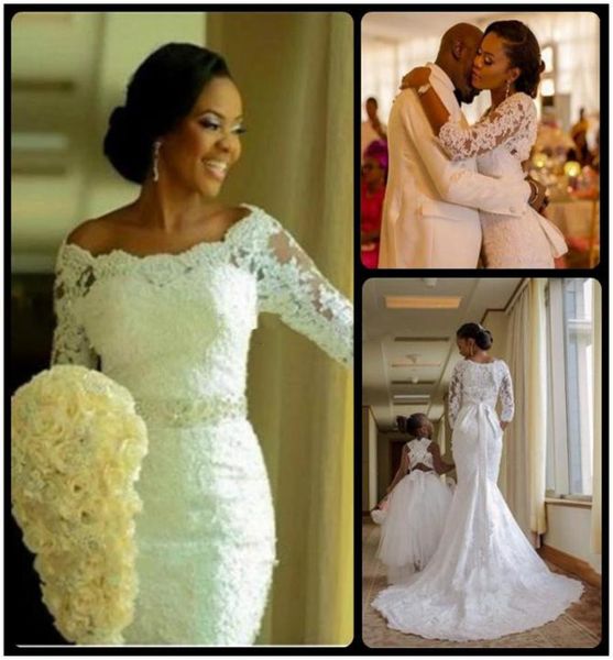 Nuova moda Nigerian 34 Abiti da sposa con sirena a maniche lunghe con maniche lunghe con cristalli fuori dalla spalla abito da sposa1852098