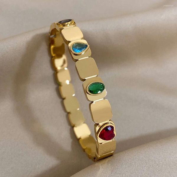 Bangle Grandea incrustado coração colorido coração oval cúbico zirconia pulseiras de aço inoxidável pulseiras para mulheres jóias à prova d'água de ouro banhado