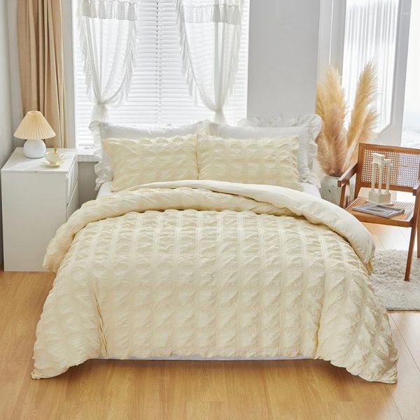 Conjunto de roupas de cama Evich Small Square Seersucker Cream Color Conjunto de 3pcs de luxo de alta qualidade Tampa de colcha e travesseiro têxtil