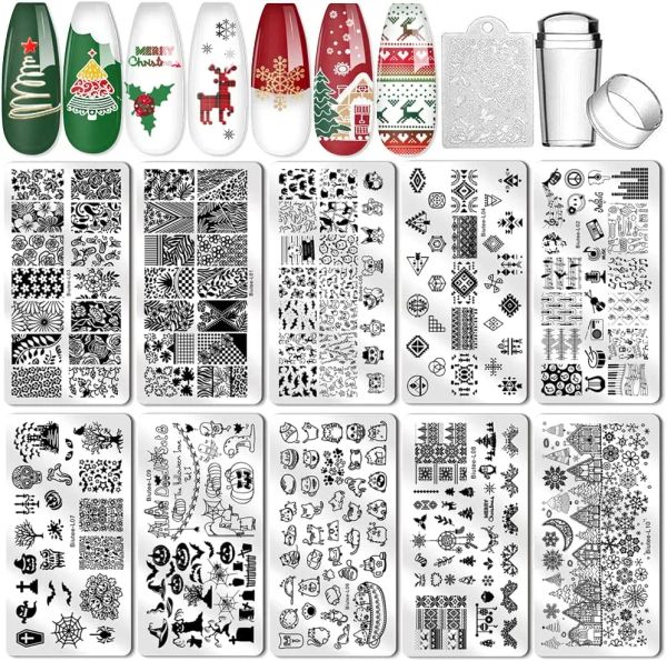 Flaschen Biutee 10pcs Nagelkunstvorlagen Stempelplatten mit Stamper Nagelplatten Set Blume Weihnachten Holloween Design Druckschablone