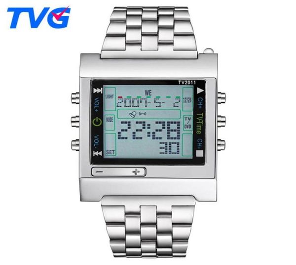 Novo Rectangle TVG Controle remoto Sport Digital Watch Alarm TV DVD Remote Remote Men and Ladies Stainless Steel Watch1630280