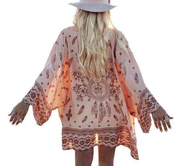 Donne Summer Shiffon Shirt Blouse Beach Boho Kimono Cardigan Floral Stampato a maniche lunghe Casualmente Copertura libera UP7847508