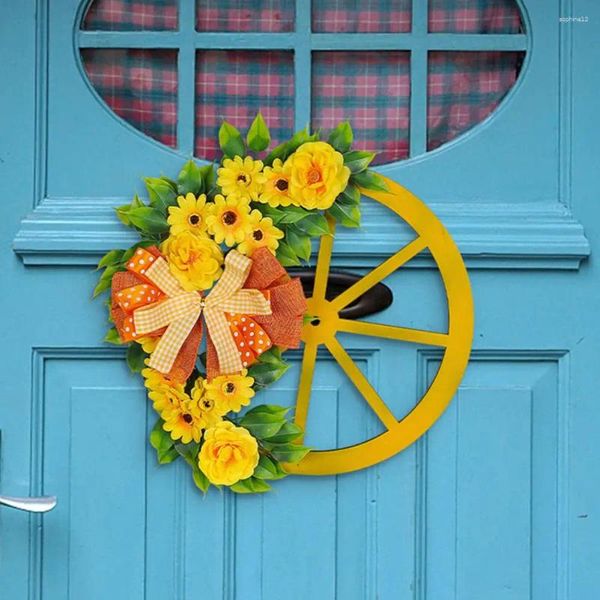 Dekoratif çiçekler güzel işçilik tekerlek çelenk rustik yuvarlak yapay yay sarı çiçek dekoru nokta ekose bowknot ön kapı