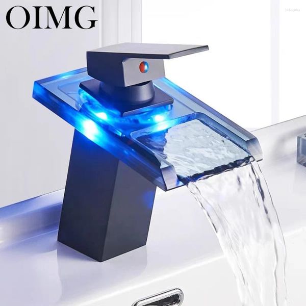 Waschbecken Wasserhähne oimg matt schwarz LED -Becken Wasserhahn Wasserfall Temperatur Farben Waschtglas Wasserhitzelmischungshahnmontage montiert