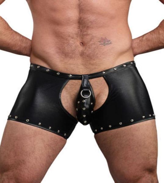 Punk gótico sexy shorts de PVC homens preto molho molhado calcinha hollow out gays boxers eróticos de dança de pólo de dança faux de couro uniforme y4420097