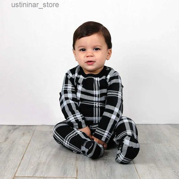 Rompers BABY GMER Summer Spring Kids Clothes Maniche lunghe Abbigliamento Black Plaid Stampa per bambini Abiti per bambini Baby Footie L47