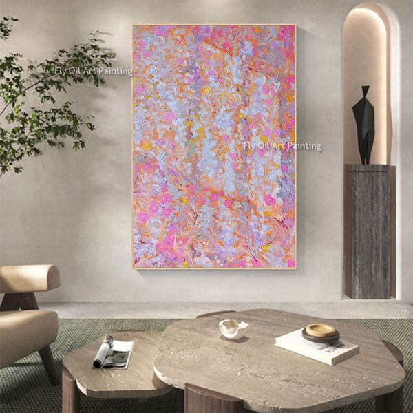 Handgemalte abstrakte rosa Blütenölmalerei auf Leinwand Blumenleinwand Malerei Wandkunst moderne Malerei Frühling Kunstwerk Wanddekor für Wohnzimmer Wohnkultur