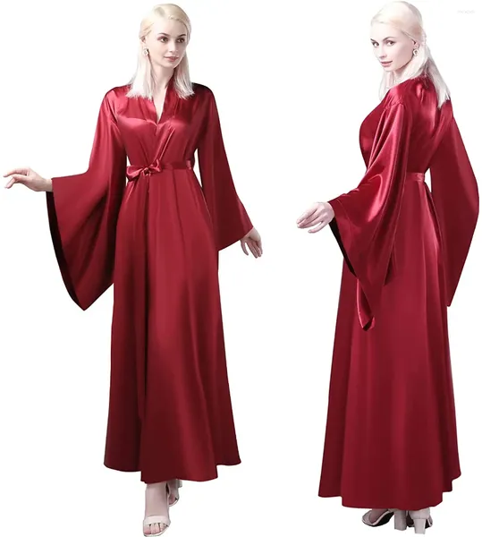 Vestidos de passarela Borgonha Mulheres de seda manto de manga longa Sexia camisola V Neck Ruffles Cetim Sleepwear Robe Bathrobe Pijamas PROM Dama de honra Shawel