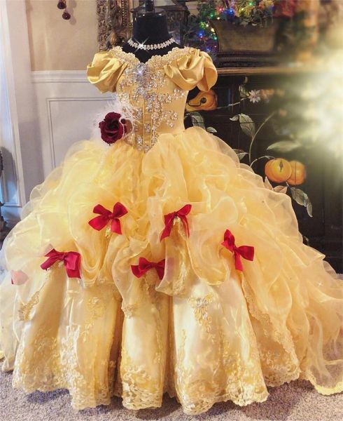 Платья в стиле корт в стиле желтые театрализованные платья маленькие девочки кружево органза -лук кристаллы из бисера с короткими рукавами плать