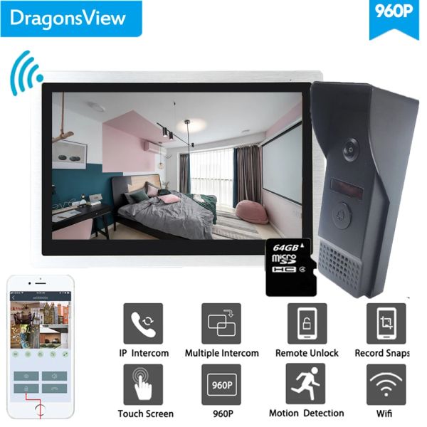 Дверные звонки DragonsView Wi -Fi Video Intercom System 10 -дюймовая беспроводная беспроводная камера IP Door Docmel Camera Smart Android ISO Мониторинг мобильного телефона 960p