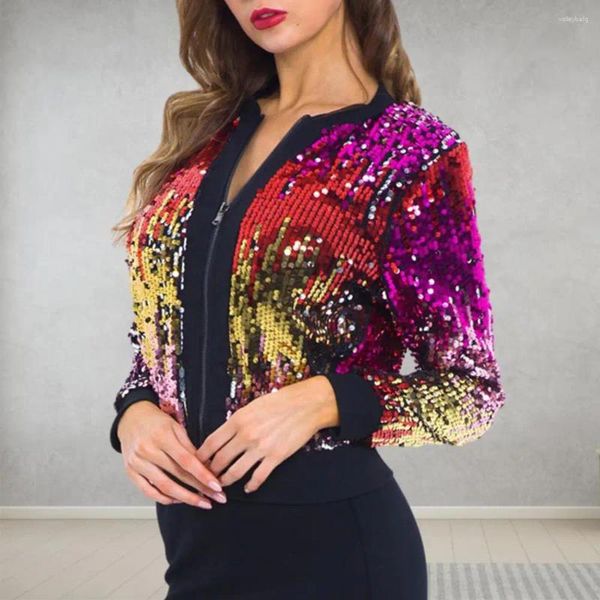 Damenjacken Frauen Jacke Paillettenverstärkungsfarbe Cardigan Stylish V Hals Reißverschluss für weiche Party Lady Mantel mit Long Sleeve Club